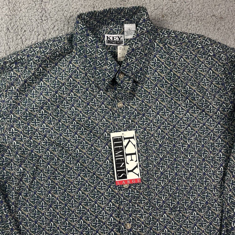 Vintage Key Elements 90's Button Shirt‎ Green Blue Long Sleeve Sz Large NOS